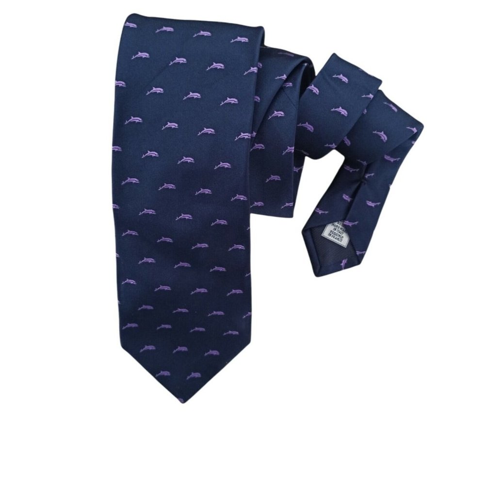 BREUER Blue Dolphin Silk Tie HANDMADE ITALY 60"/ 3.5" EC